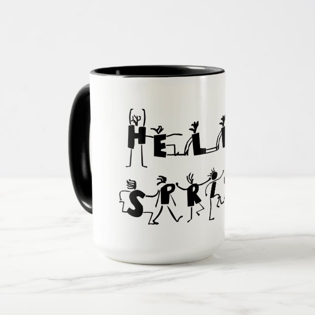 Hello Spring Niedlich Cartoon Text Schwarz/Weiß Tasse (Vorderseite Links)
