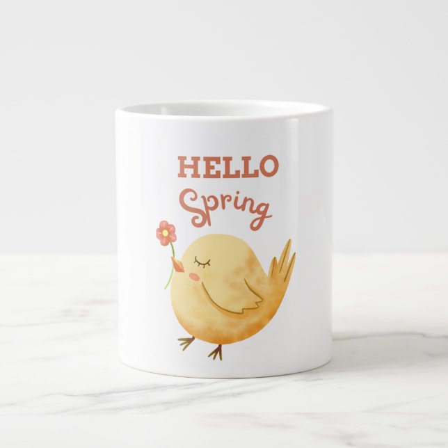 HELLO Spring Yellow Baby Bird Holding Blume Jumbo-Tasse (Vorderseite)