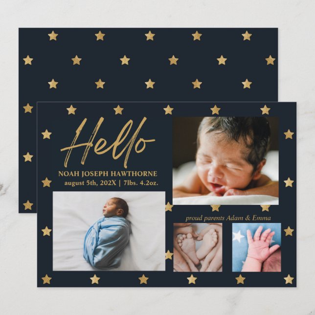 "Hello" star marine chic 4 Photo Baby Faire-part (Devant / Derrière)