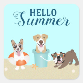 Hello Summer Beach Hogs Blue Orange Quadratischer Aufkleber