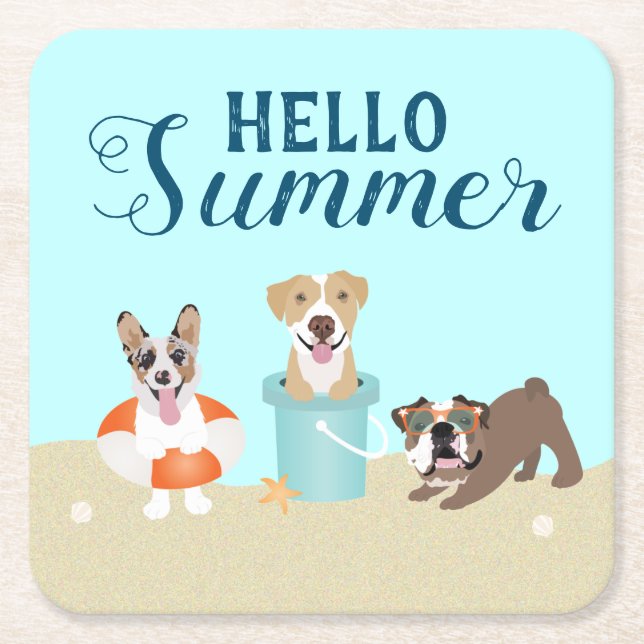 Hello Summer Beach Hogs Blue Orange Rechteckiger Pappuntersetzer (Vorderseite)