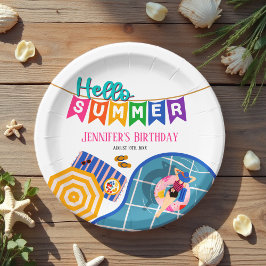 Hello Summer Colorful Banner Pool Party Geburtstag Pappteller