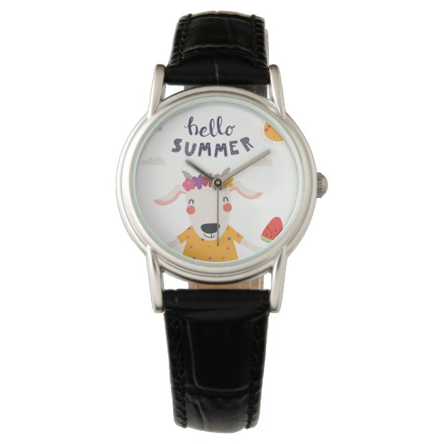 Hello summer, klassische schwarze Lederfrau Armbanduhr (Vorderseite)