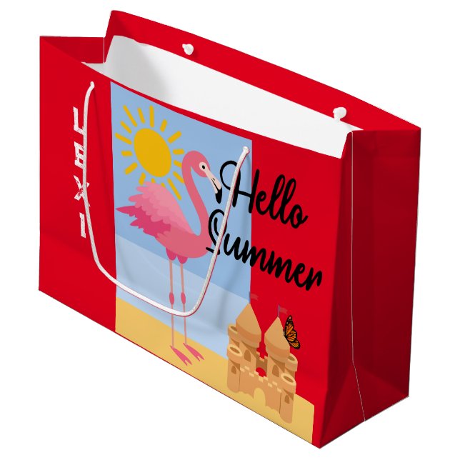 Hello Summer Pink Flamingo Design - Geschenktasche Große Geschenktüte (Vorderseite Schrägansicht)