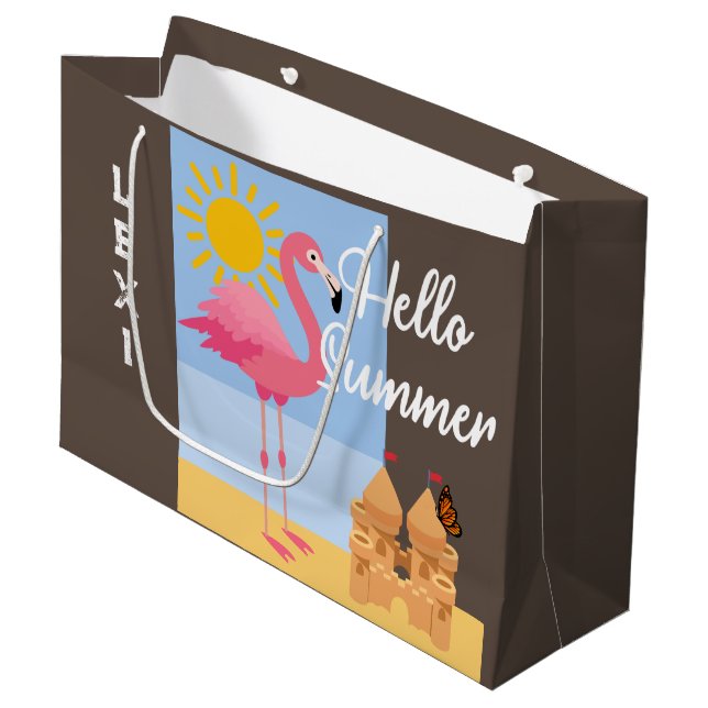 Hello Summer Pink Flamingo Design - Geschenktasche Große Geschenktüte (Vorderseite Schrägansicht)