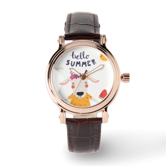 Hello Summer Quadrat Braunlederuhr Armbanduhr (Vorderseite)