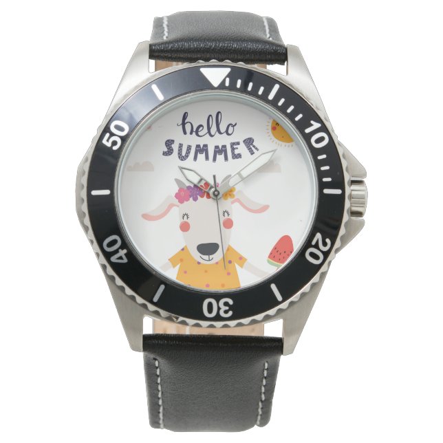 Hello summer Schwarzlederstahl Armbanduhr (Vorderseite)