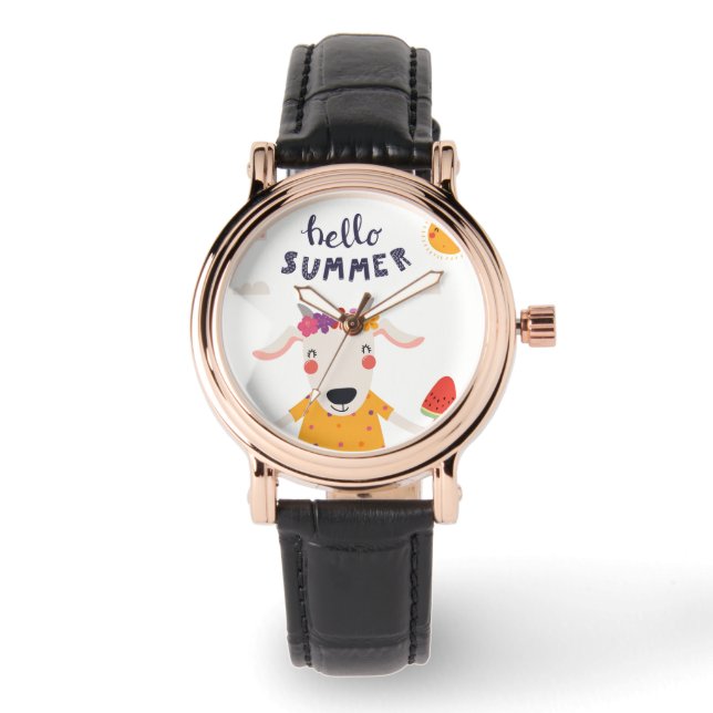 Hello-Summer-Viereck-Lederuhr Armbanduhr (Vorderseite)