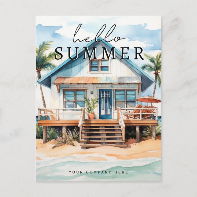 Hello Summer Watercolor Beach House Realty Postkarte (Vorderseite)