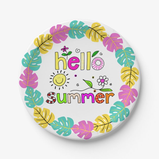 Hello Summer Word Art Tropical Palms 7" Pappteller (Vorderseite)