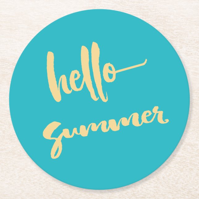 Hello Summer Yellow Blue Modern Script Runder Pappuntersetzer (Vorderseite)