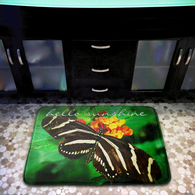 Hello Sunshine Zitat Schwarz-weiß Butterfly Foto Badematte (Von Creator hochgeladen)