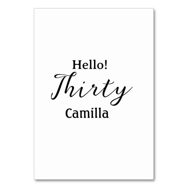 Hello thirty birthday name simple minimal elegant  tischnummer (Vorderseite)