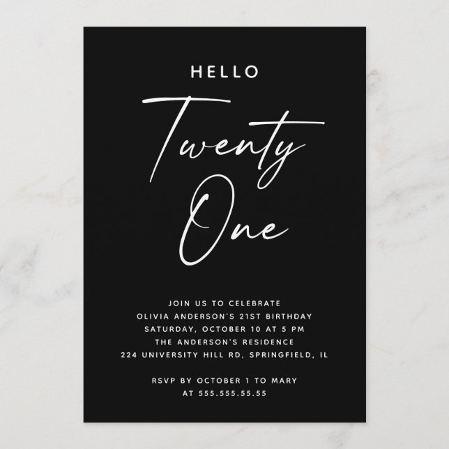 Hello Twenty One | Black Minimalist 21st Birthday Einladung (Vorderseite)