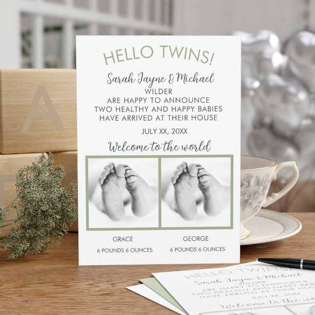 Hello Twins Foto Birth Announcement Card Ankündigung (A gender neutral birth announcement with space for your new baby photos and Hello Twins text)