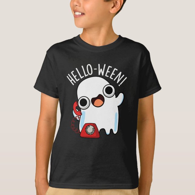 Hello-ween Funny Ghost Pun Dark BG T-Shirt (Vorderseite)