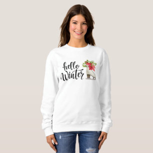 Hello Winter Floral Ice Skate   Christmas Sweatshirt