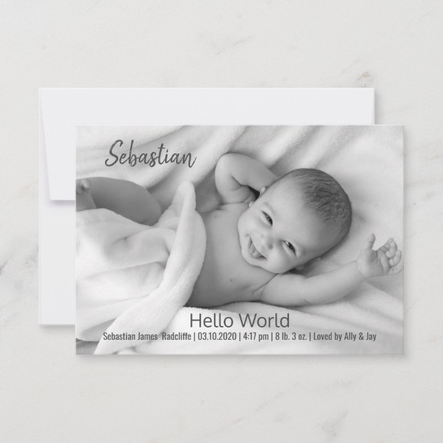 Hello World Baby Foto Cards Dankeskarte (Vorderseite)
