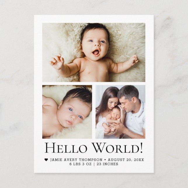 Hello World Baby Fotos Geburtserklärung Postkarte (Vorderseite)