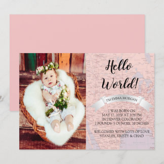 Hello World Baby Pink World Map Faire-part de nais