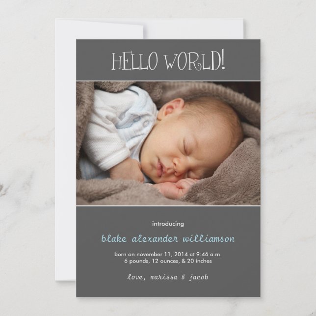 Hello World Birth Announcement//Grau Ankündigung (Vorderseite)