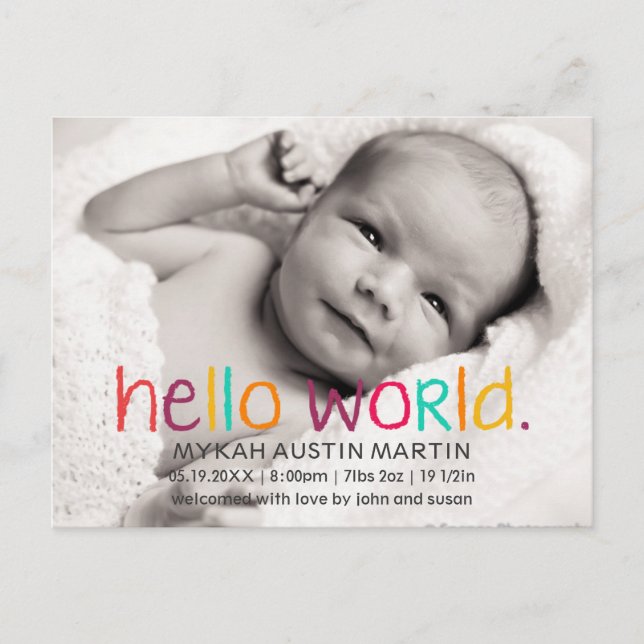 Hello World Foto Geburtshaus Ankündigung Postkarte (Vorderseite)