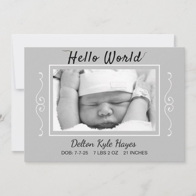 Hello World Foto Gray Baby Birth Ankündigung (Vorderseite)