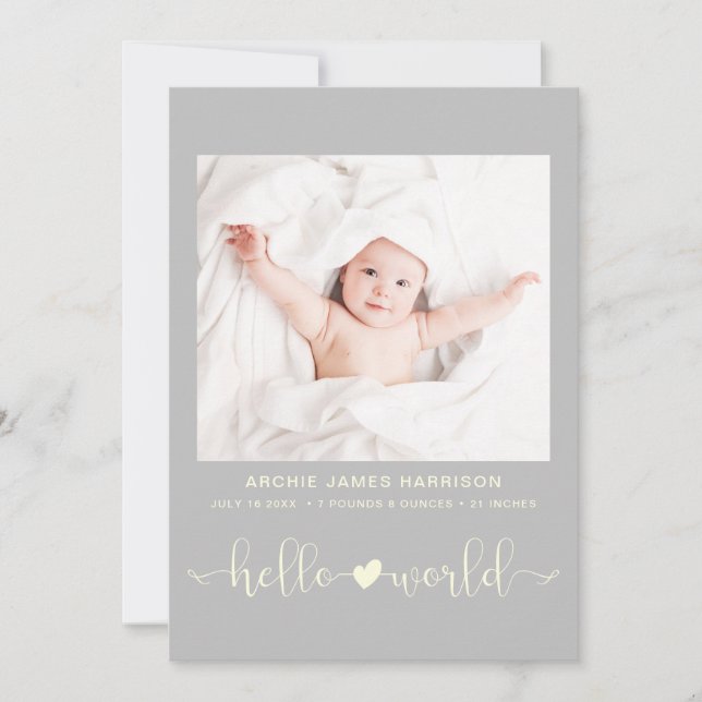 Hello World Foto Heart Arrow Yellow Gray Birth Ankündigung (Vorderseite)