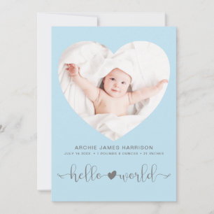 Hello World Foto Heart Frame Blue Boy Birth Ankündigung