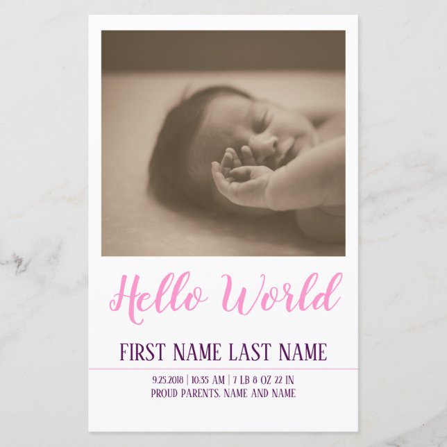 Hello World - Geburtsankündigung mit Foto (Vorderseite)