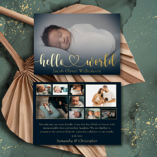 Hello World Gold Foto Collage Kinderankündigung Folieneinladung