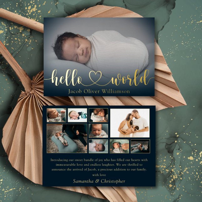 Hello World Gold Foto Collage Kinderankündigung Folieneinladung (Von Creator hochgeladen)