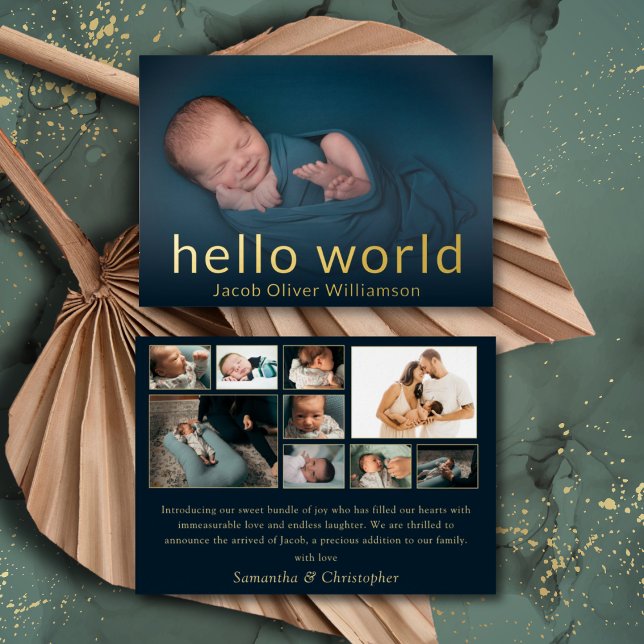 Hello World Gold Foto Collage Kinderankündigung Folieneinladung (Von Creator hochgeladen)