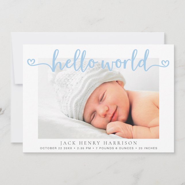 Hello World Hearts Fotos Blue Baby Boy Birth Ankündigung (Vorderseite)