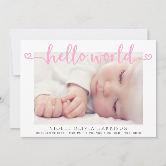 Hello World Hearts Fotos Pink Baby Girl Birth Ankündigung (Vorderseite)