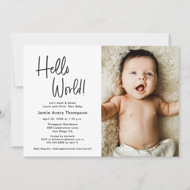 Hello World Modern Photo Meet & greet Baby Shower  Einladung (Vorderseite)