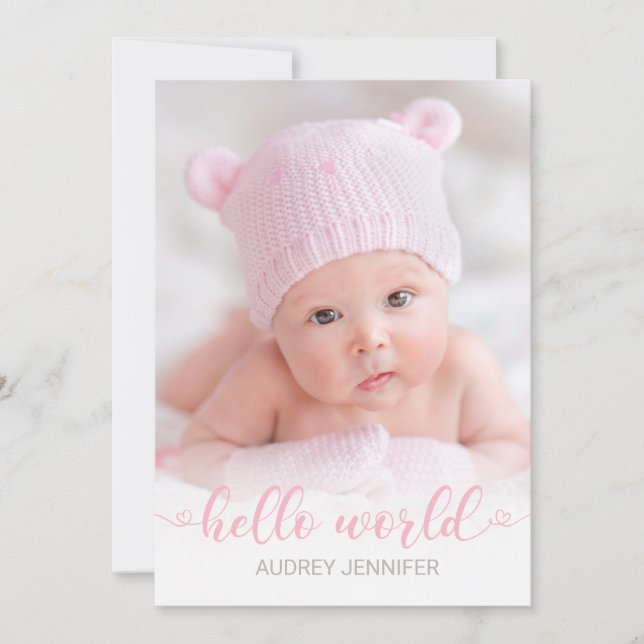 Hello World Pink Script Foto Baby Girl Birth Ankündigung (Vorderseite)