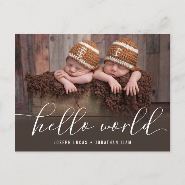 Hello World Twins Foto Birth Ankündigungspostkarte (Vorderseite)