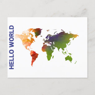 Hello World Watercolor Weltkarte Postkarte