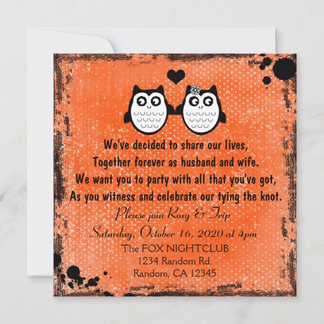 Hellorange Grunge Uhu Punk Hochzeit Einladungen (Vorderseite)