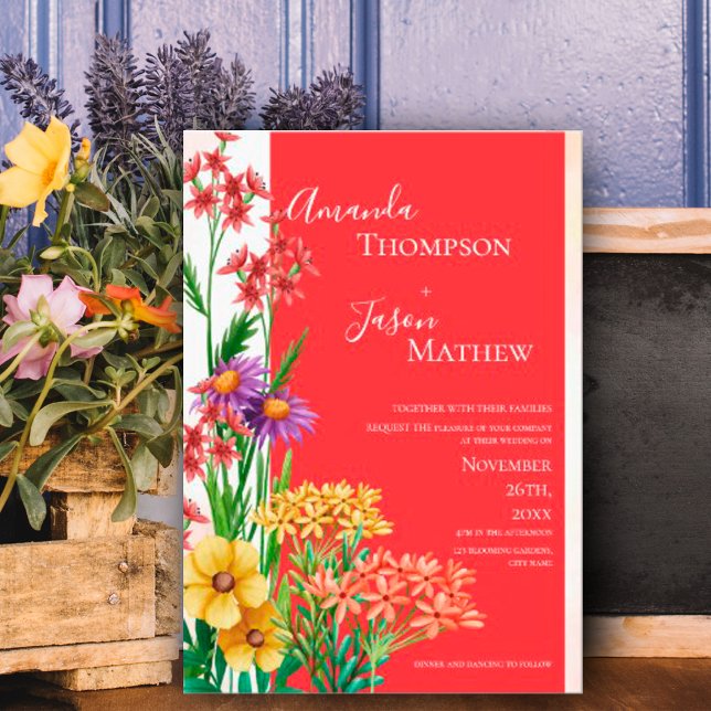 Hellorange Lila-gelbe Wildblumen Hochzeit Einladungspostkarte (Bright Orange Purple Yellow Wildflowers Wedding Invitation Postcard)