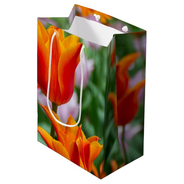 Hellorange Tulpen im Park Mittlere Geschenktüte (Vorderseite Schrägansicht)