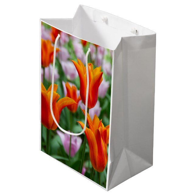 Hellorange Tulpen im Park Mittlere Geschenktüte (Vorderseite Schrägansicht)