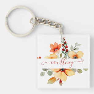 Hellorangefarbene Aquarellblumen personalisiert Schlüsselanhänger