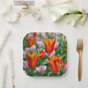 Hellorangefarbene Tulpen im Parkpapier-Teller Pappteller