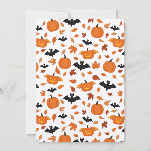 Helloween | Kürbis, Fledermaus, Blätter im Herbst. Einladung (Vorderseite)