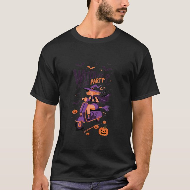 Helloween Motorroller Hexe Weg zum Party Pumpkin T-Shirt (Vorderseite)