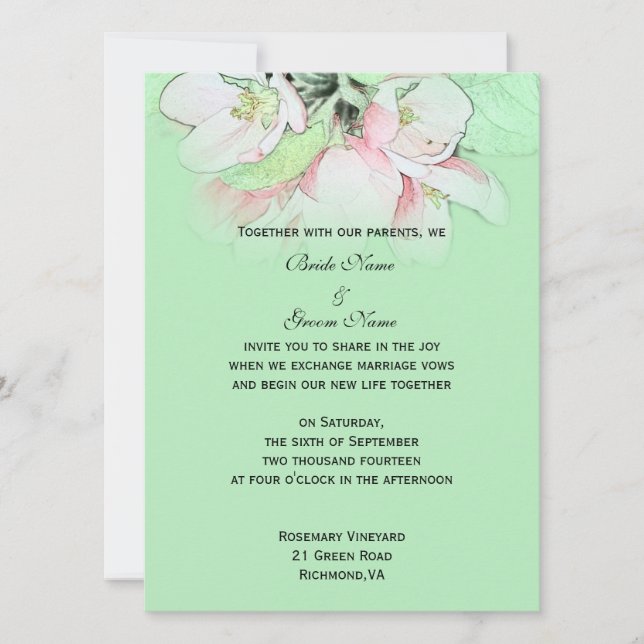 Hellrosa Apfelwein Blume in grüner Hochzeit Einladung (Vorderseite)