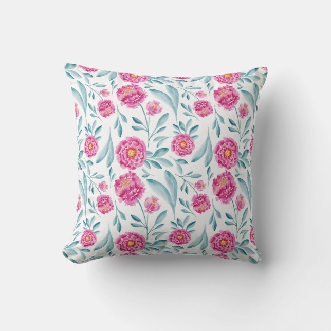 Hellrosa Aquamarines Watercolor Sommerblumenmuster Kissen (Vorderseite)