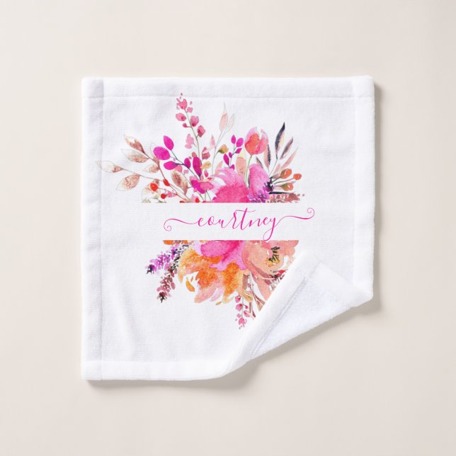 Hellrosa Aquarellblumen personalisiert Badhandtuch Set (Waschlappen)